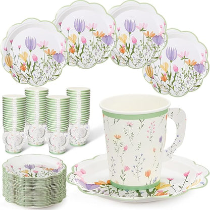 FillTouch 48 Sets Wildflower Floral Paper Tea Cups and Saucers Disposable Paper by FillTouch