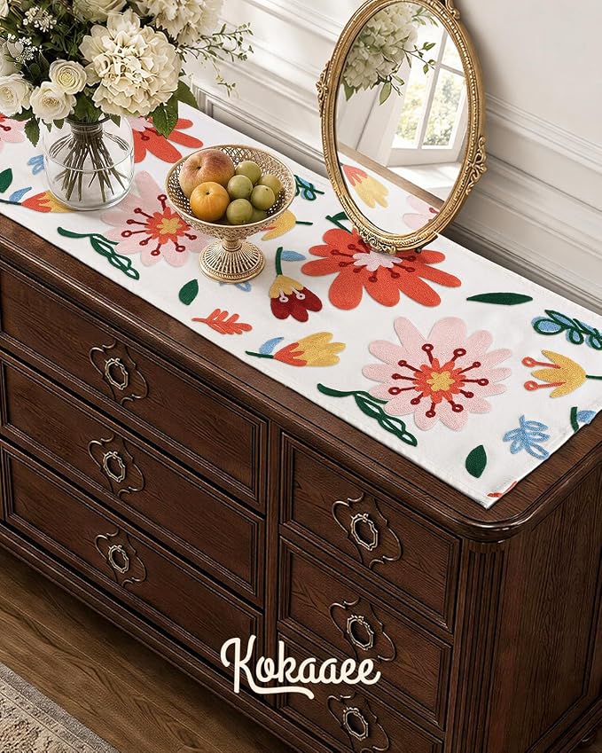 Canvas Embroidered Narrow 13"x 48" Table Runner, Colorful Flower | Exquisite - Image 5