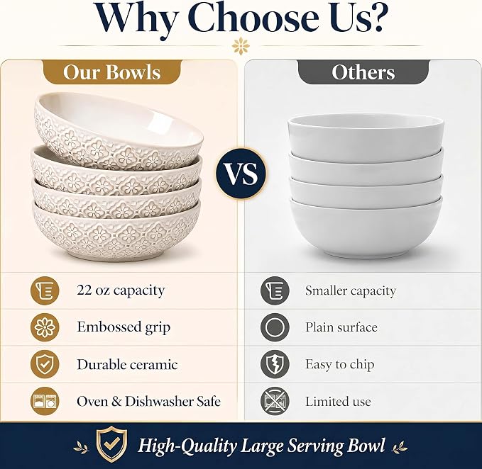 8 inch Pasta Bowls, 22 Oz Ceramic Serving Bowls Set of 4, Embossed Porcelain - Image 6