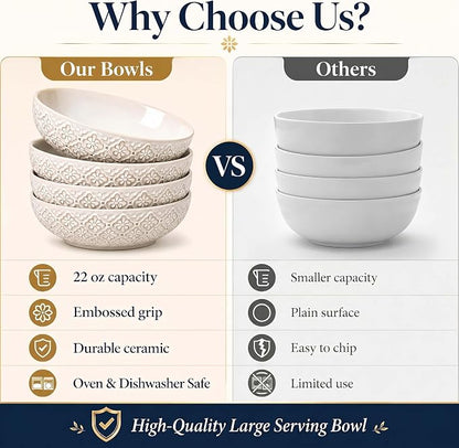 8 inch Pasta Bowls, 22 Oz Ceramic Serving Bowls Set of 4, Embossed Porcelain - Image 6