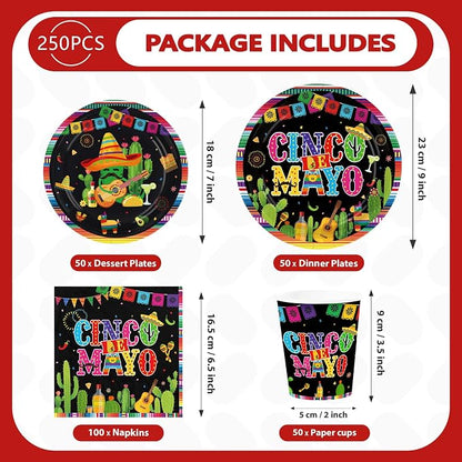 250Pcs Cinco De Mayo Decorations Mexican Fiesta Plates and Napkins Black Mexico - Image 4