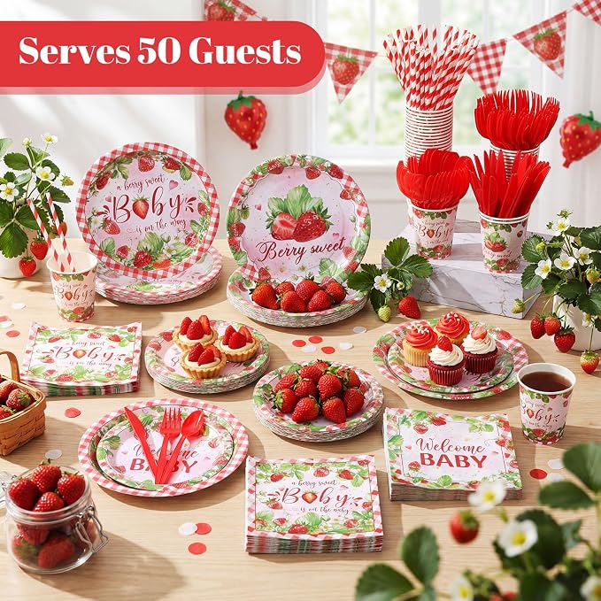 450 Pcs Strawberry Baby Shower Tableware Set Decoration, Serves 50 | A Berry - Image 6