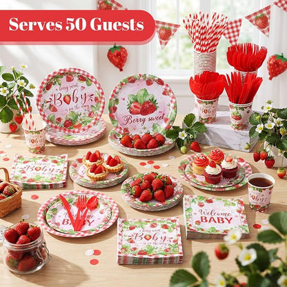 450 Pcs Strawberry Baby Shower Tableware Set Decoration, Serves 50 | A Berry - Image 6