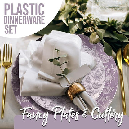 Trendables Fancy Plastic Dinnerware Sets 200 Pc 40 Guests Gold Silverware Disposable 40 X 10 Inch Charger Plates 40 X 8 Inch Dessert Plates 40 x Gold Plastic Forks and Spoons Knives In Blossom Circle