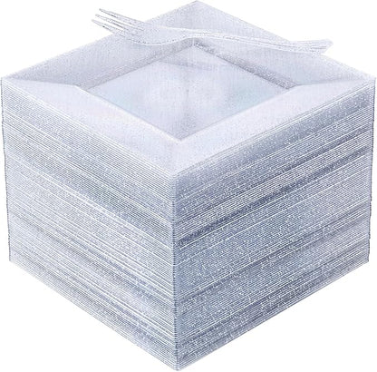 DaYammi 100Pcs Dessert Plates Set Including 50Pcs Cake Plates 6",50Pcs Plastic Forks 5.7",Silver Glitter Square Plastic plates for Party,Silver Appetizer plates and Forks for Wedding Party Birthday