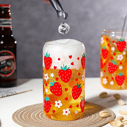 Glass Cups with Lids and Straws with Design Strawberry 4 pcs, Glass Tumbler - Image 7