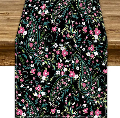 Paisley Table Runner, Abstract Vintage Boho Pink Paisley Flowers Green Teal by JanJCurt