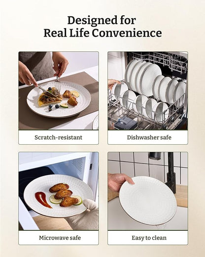 Famiware Eden Plates and Bowls Sets, Stoneware Dinnerware Sets with Gold Trim, 18 Pieces Dishes Set for 6 - Chip and Scratch Resistant, Microwave and Dishwasher Safe, White Circle