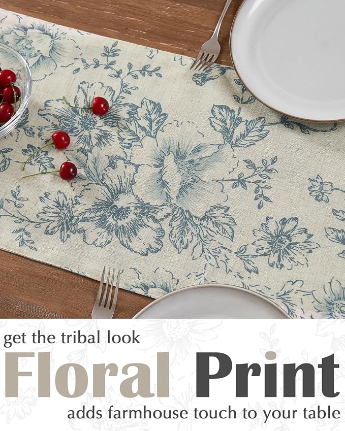 jinchan Blue Floral Linen Table Runner 13 x 108 Inch Farmhouse | Classic - Image 3