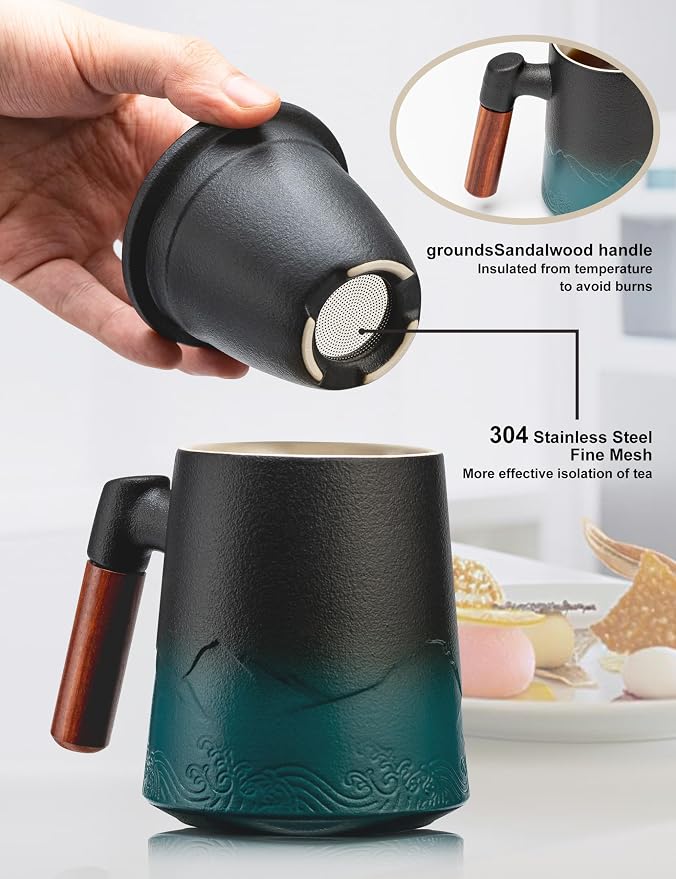 suyika Tea Cup with Infuser and Lid, 15.2 Ounce Wood Handle Ceramic Loose Leaf - Image 4