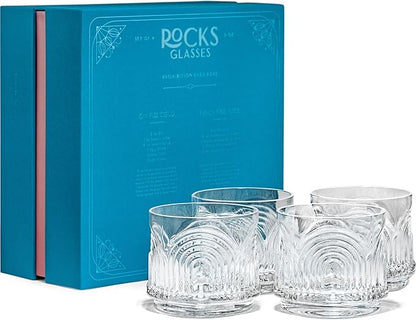 GLASSIQUE CADEAU Vintage Art Deco 1920s Lowball Cocktail Glasses | Set of 4 | 9 oz Crystal Old Fashioned Glassware for Drinking Classic Bar Drinks | Heavy Base Short Rocks Tumblers for Women