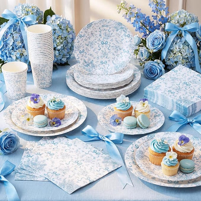 LemonRoad 150 Pcs Blue Bow Floral Disposable Plates and Napkins Bow Coquette - Image 4