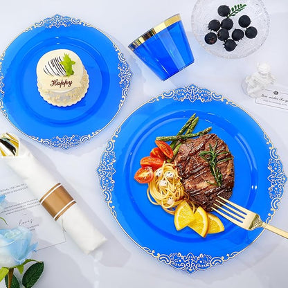 350 PCS Blue and Gold Plastic Plates, Disposable Dinnerware Set for 50 Guests, 100 Disposable Plates, 150 Silverwares, 50 Cups, 50 Napkins for Wedding, Party, Graduation