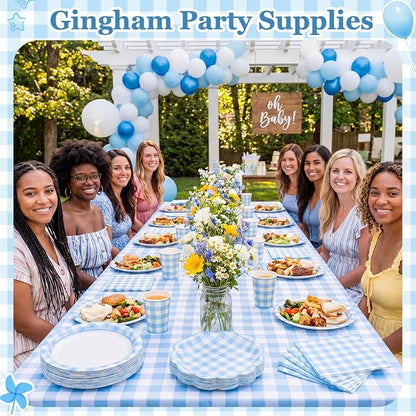 Funnymoom 250 Pcs Blue Gingham Paper Plates and Napkins Party Supplies Blue - Image 4