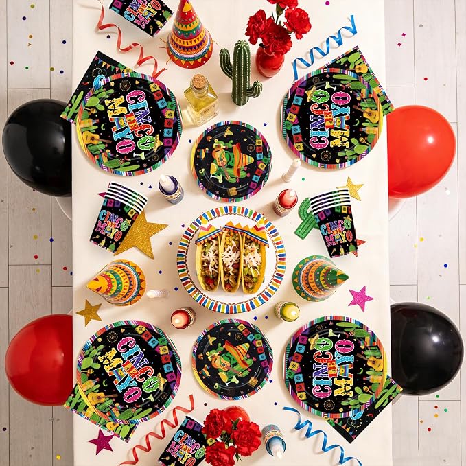250Pcs Cinco De Mayo Decorations Mexican Fiesta Plates and Napkins Black Mexico - Image 6