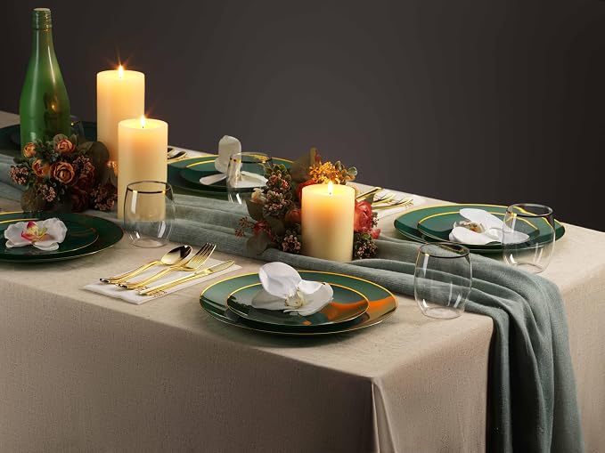 100 Green Gold Plastic Plates Set, Elegant Fancy Heavy Duty Disposable Plates - Image 3