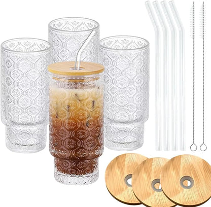 Vintage Glass Cups with Bamboo Lids and Straws–4Sets 11oz Iced Coffee Cups by KUHNMARVIN+Official