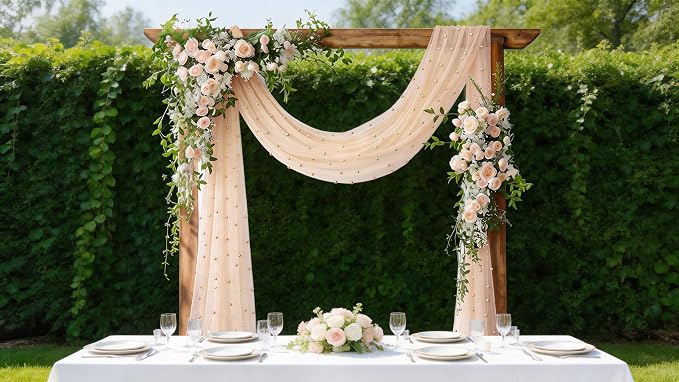 Pearl Table Runner Gauze Sheer 19FT Wedding Draping Fabric Decor | Peach Summer - Image 3