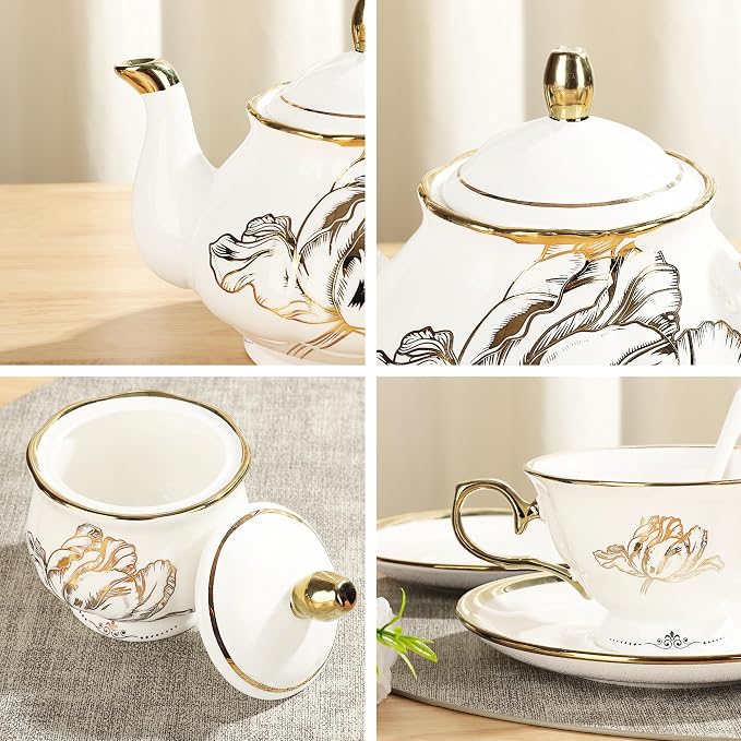 fanquare British Porcelain Tea Coffee Set 22 Piece New Bone China Gold Tulip - Image 2
