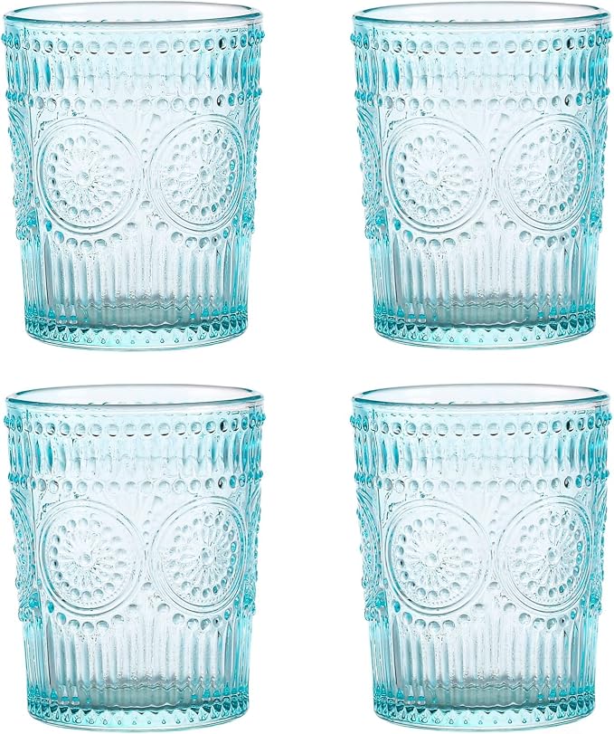 Amzcku Blue Drinking Glasses Set of 4, Vintage Glassware 10 oz- by Amzcku