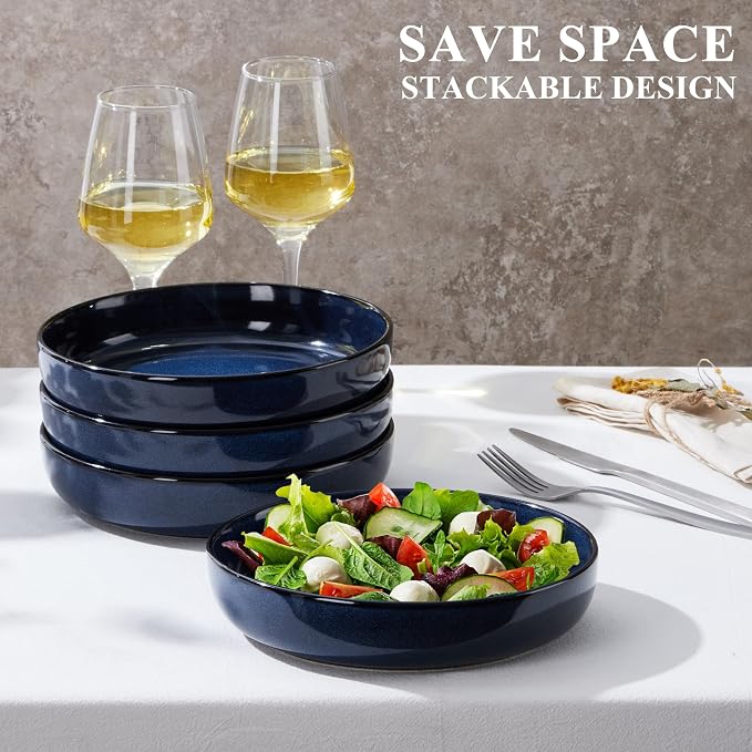 E-far Blue Pasta Bowls Set of 4, 35oz Double Reactive Glaze Stoneware | Wide & - Image 3