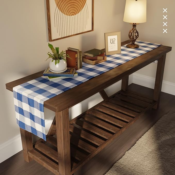 Encasa XO Table Runner, Woven Cotton Dining Runner 13"x91" Buffalo Blue Checks - Image 2