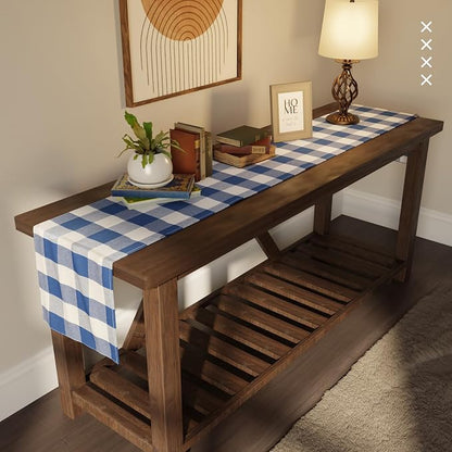 Encasa XO Table Runner, Woven Cotton Dining Runner 13"x91" Buffalo Blue Checks - Image 2