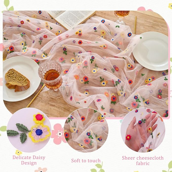 BINBE 12pcs Daisy Spring Table Runner Embroidery Gauze 10FT Florals Seasonal - Image 3