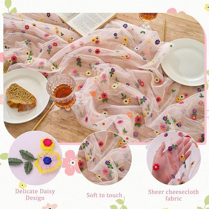 BINBE 12pcs Daisy Spring Table Runner Embroidery Gauze 10FT Florals Seasonal - Image 3