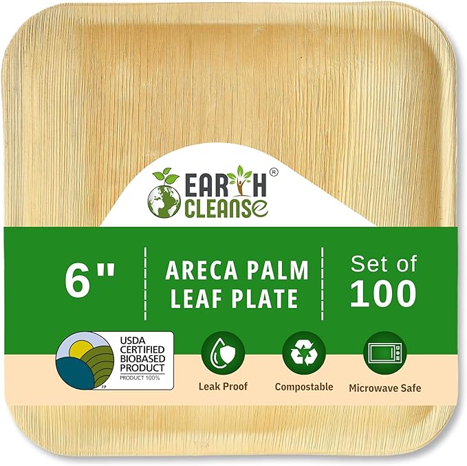 Compostable Palm Leaf Plates 6 Inch Square (100 Pack) | Disposable Biodegradable Plates Like Bamboo & Wooden | Microwave & Oven Safe | Eco-Friendly