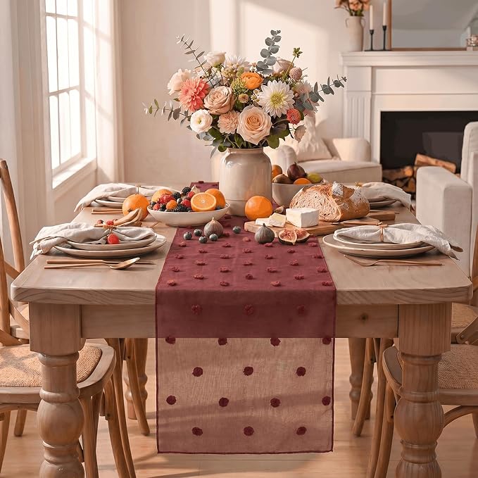 Artoid Mode Red Pom Pom Tulle Table Runner, Seasonal Christmas Washable Kitchen - Image 2