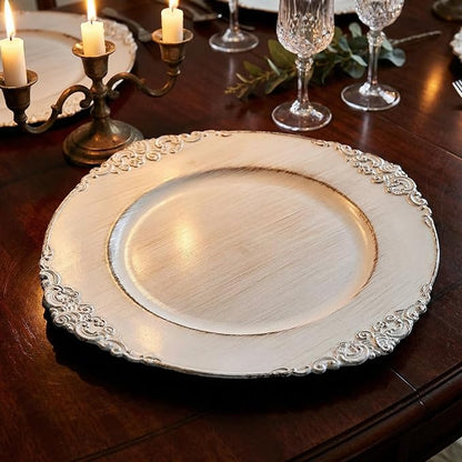Antique White Charger Plates, 13 Inch Embossed Chargers - Image 9