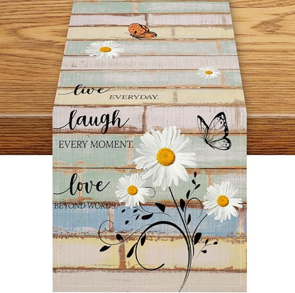 White Daisy Table Runner, Rustic Spring Sunflowers Floral Flower Wooden Boards by Unknown