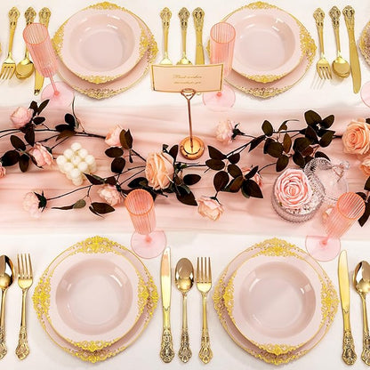 100PCS Pink Plastic Bowls - 12 oz Pink Gold Disposable Salad Bowls - Heavy Duty Disposable Soup Bowl - Fancy Plastic Ice Cream Bowl for Weddings Valentine's Day Parties Dinners Picnics