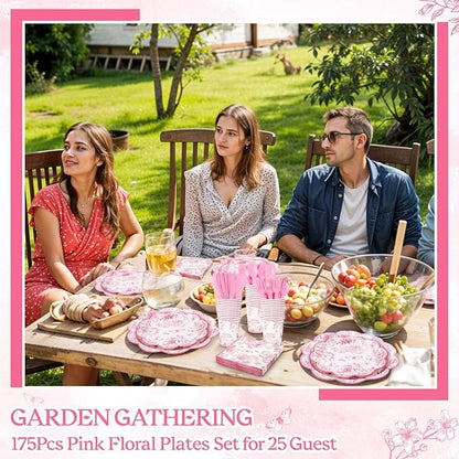 NatNarr 25 Set Pink Floral Party Supplies Include Plates Napkins Cups | - Image 7