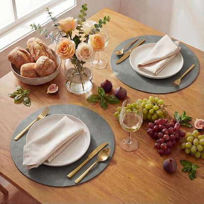 Artoid Mode Grey Faux Leather Placemats Set of 6, 15 Inch Waterproof Wipeable Heat Resistant Vinyl Place Mats, Reversible Table Mats for Winter Kitchen Dining Decor