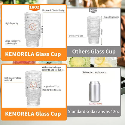 KEMORELA Vintage drinking glasses set of 6, Large 16oz Hobnail Glassware Set - Image 5