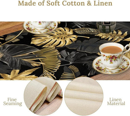 Golden Leaves Table Runner Jungle Black Tropical Plam Tree Retro Boho Hawaii - Image 5
