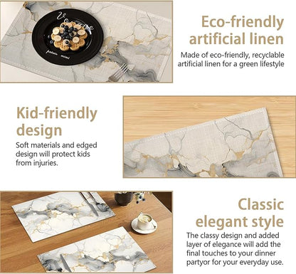 Placemats Set of 6 Abstract White Marble Texture Place Mats Washable Kitchen Dining Linen Table Mats Stain Heat, for Home Party Indoor 12x18 in