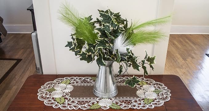 LINENS ART AND THINGS Table Runner Embroidered Pearlescent Daisy Flowers - Image 3