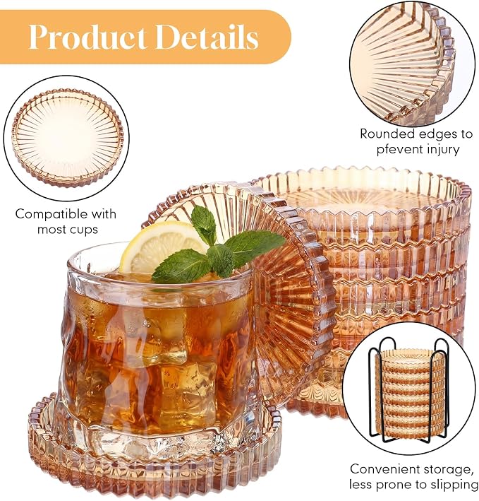 8 Pcs Glass Coasters with Holder Clear Drink Coasters Crystal Round Beverage - Image 3