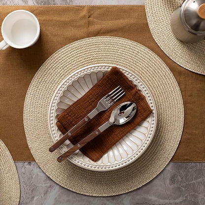 Round Placemats Set of 12 Plastic Woven Placemats Washable Wipeable Table Mats for Dining Table Heat Resistant Non-Slip Circle Place Mats (Beige-Brown)