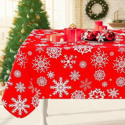 Smiry Christmas Rectangle Table Cloth, Waterproof Vinyl Tablecloth with Flannel Backing, Wipeable Snowflake Plastic Tablecloths for Christmas Table Decorations, (60"x120", Christmas Red)