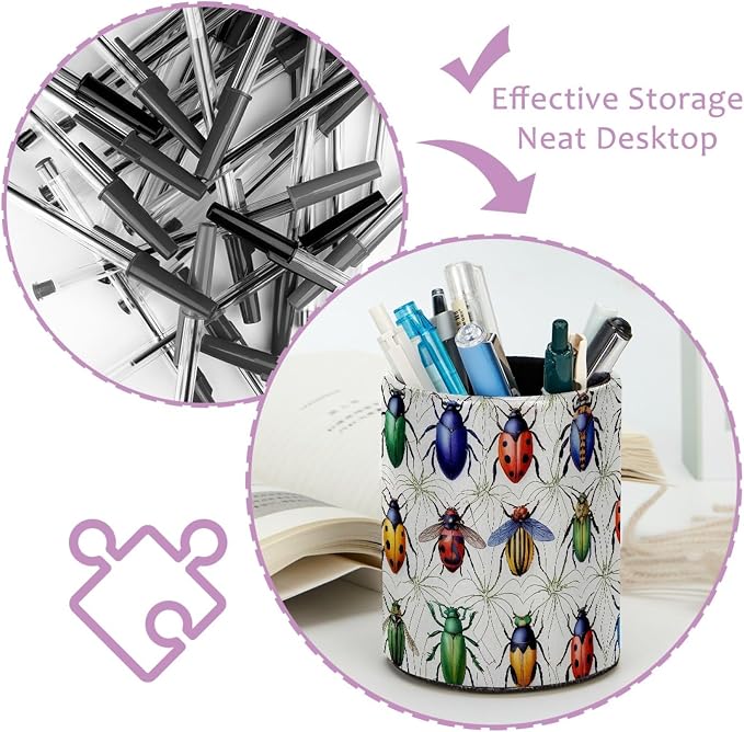 Leather Pen Holder for Desk, Beetle Pencil Cup Pen Organizer Makeup Brush - Image 4