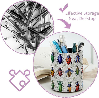 Leather Pen Holder for Desk, Beetle Pencil Cup Pen Organizer Makeup Brush - Image 4