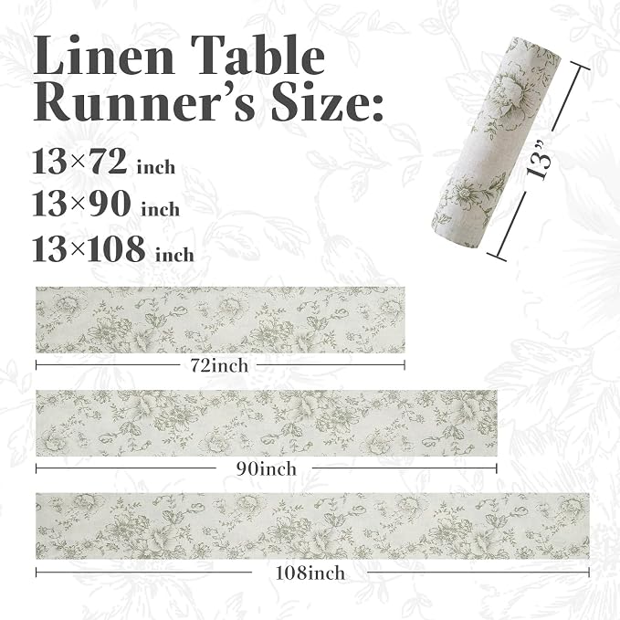 jinchan Green Floral Linen Table Runner 13 x 90 Inch Farmhouse | Rustic - Image 5