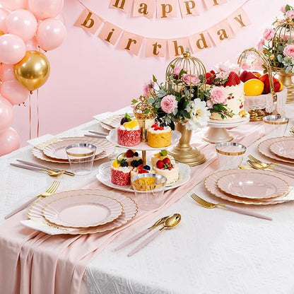 Ciaell 175 PCS Pink Scalloped Plastic Plates with Gold Trim - Pink Plastic Silverware with Handle - Fancy High-End Dinnerware Sets for Wedding & Baby Showers & Party & Valentine's Day