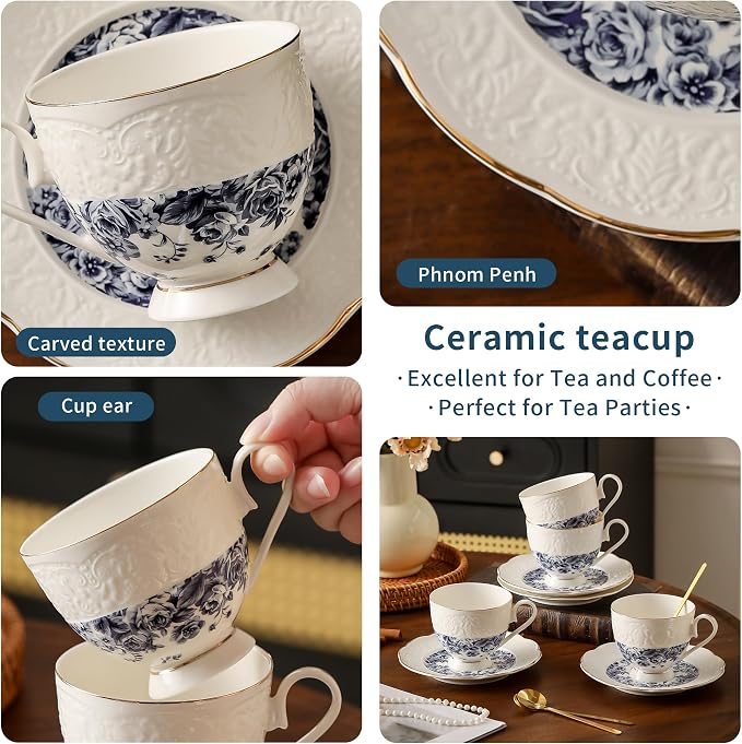 TATSUMI Interglio Embossed Bone China Tea Cup and Saucer Set, 3 Pieces Vintage - Image 5