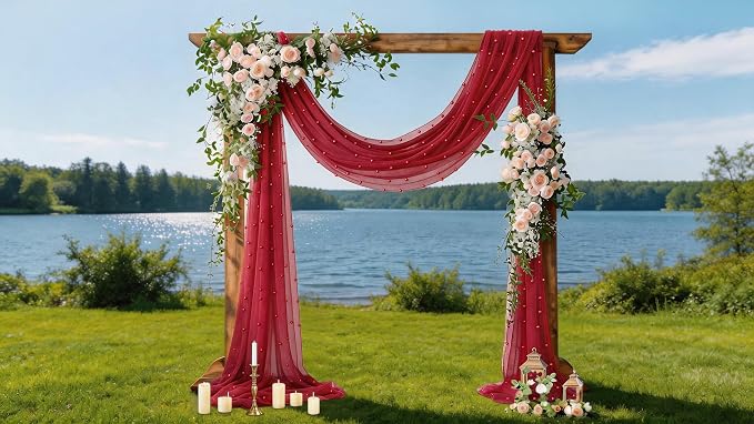 Pearl Table Runner Gauze Sheer 19FT Wedding Draping Fabric Decor | Red Summer - Image 2