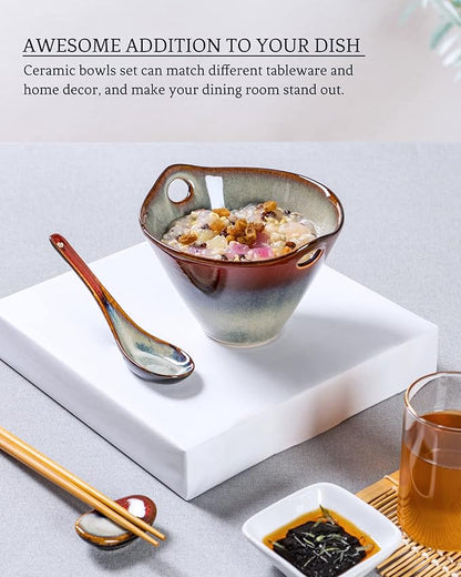 HENXFEN LEAD Japanese Ramen Bowls Set of 2 - Deep Ceramic Noodle Bowls with Spoons, Chopsticks and Holder, 20 Oz Serving Bowls for Pho, Udon, Soup - Reactive Red